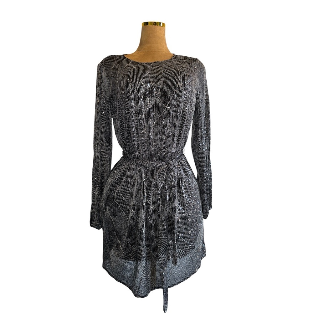 FOREVER 21 SEQUIN LONG-SLEEVE DRESS- Black & Silver Party, Sz 0X